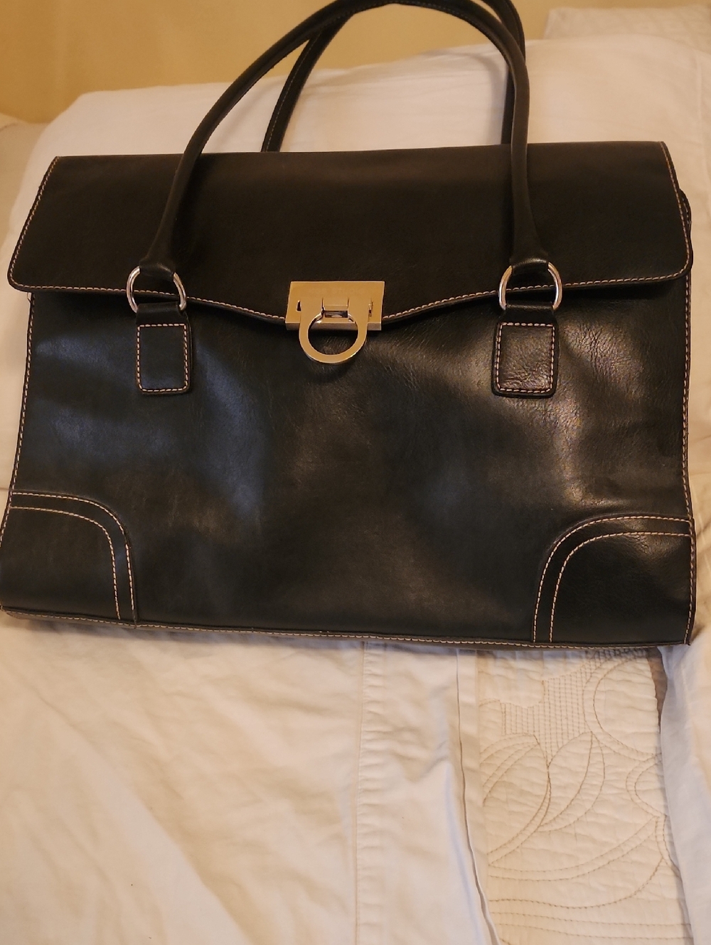 Classic Black Leather Woman’s Briefcase with Gold Hardware